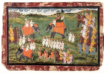 Colonel James Tod and Guru Gyanchandra riding elephants near Udaipur, October 1822